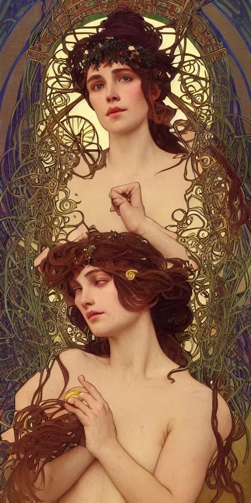 Prompt: a portrait of a beautiful female godess of spring, by Mohrbacher and Moebius and Alphonse Mucha and Roger Deakins, cinematic lighting, masterpiece, highly detailed, 8k resolution, trending on art station