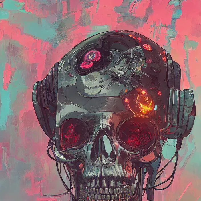 Image similar to a beautiful painting of a cyberpunk skull by james jean and pascal blanche and reza afshar. in style of colorful comic noir illustration, symmetry, sci fi, hyper detailed. octane render. trending on artstation