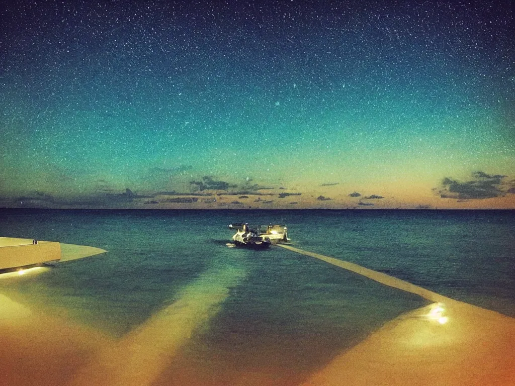 Image similar to “peaceful night full of stars at dawn on the sea clear waters with a lonely yatch far away blue green yellow tones”