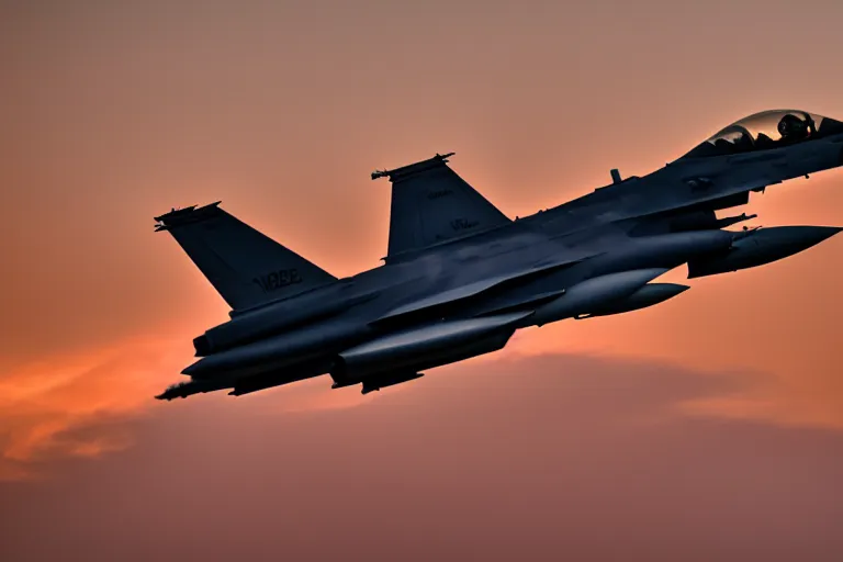 Image similar to photo of an f16 fighter jet in fligh, launching missles, sunset lighting, photography