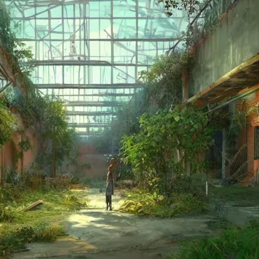 Image similar to an abandoned warehouse, overgrown with vegetation, beautiful graffiti on all walls, by craig mullins, octane rendering, warm moody lighting, wide angle lens, low view, in the style of pixar animation, trending on artstation