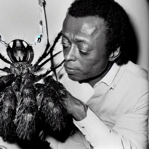 Image similar to miles davis petting a giant hairy spider with big eyes