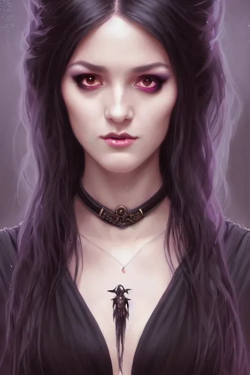 Image similar to Portrait of seductive female necromancer, D&D, revealing stylish dress, choker on neck, long black hair, mouth slightly open, slight nerdy smile, fantasy, intricate, elegant, highly detailed, digital painting, artstation, concept art, smooth, sharp focus, illustration, art by artgerm and greg rutkowski and alphonse mucha