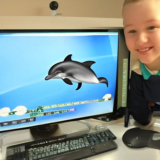 Image similar to A dolphin wearing a chemist outfit playing games on a computer