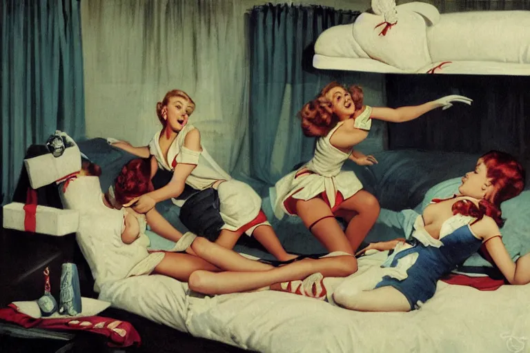 Image similar to pillow fight in the girls dormitory, concept art, by Gil Elvgren, cinematic