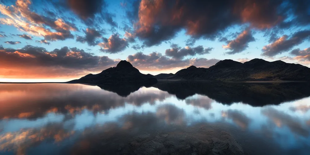 Prompt: landscape photography, lake between two mountains, sunrise, dramatic lighting, reflections, beautiful, michal karcz