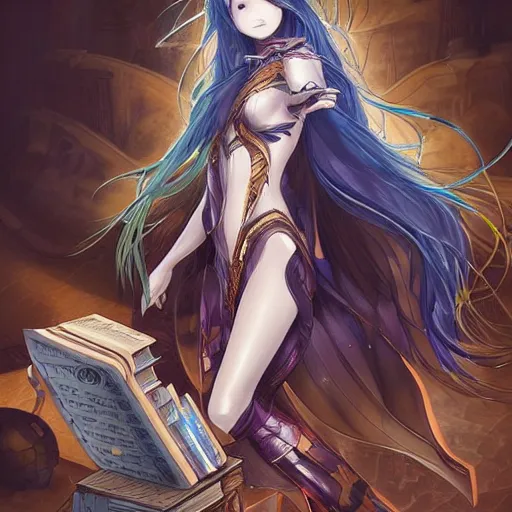 Image similar to “A hyper-detailed stunning and beautiful anime woman with brown flowing hair, long blue-cape, decorative leather armor, surrounded by a catacomb of books, Full-body character portrait, trending on artstation, by rossdraws”