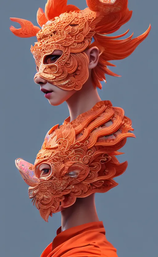 Prompt: 3 d goddess medium shot profile portrait. beautiful intricate highly detailed korean gumiho mask and traditional korean hanbok. stingray, magpie, bio luminescent, plasma, lava, ice, water, wind, creature, artwork by tooth wu and wlop and beeple and greg rutkowski, trending on artstation,