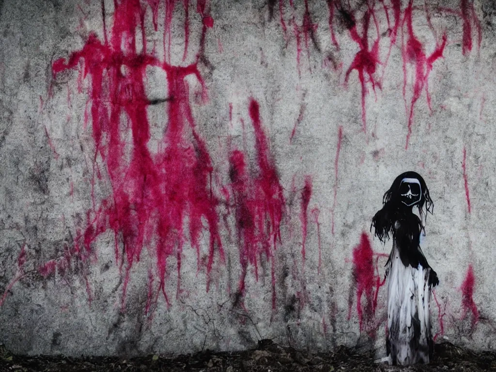 Image similar to ghost wraith apparition caught on camera, graffiti in an abandoned bunker, cute fumo plush gothic black enigmatic maiden girl painted in spilt red ink and washed watercolor, minimalist avant garde pop art, filmic, vignette, captured on canon eos r 6