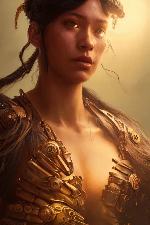 Prompt: portrait of a female Amazon warrior looking fierce, sci-fi, fantasy, intricate, dramatic studio lighting, highly detailed, high contrast, backlit, cgsociety, artstation, octane render, unreal engine, concept art, sharp focus, art by artgerm and greg rutkowski and alphonse mucha