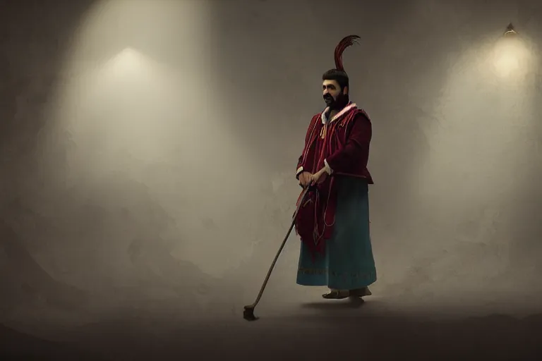 Prompt: theatre stage, romanian man in traditional romanian clothing with scythe, traditional romanian clothing, concept art, dramatic lighting, beautiful, volumetric lighting, colorful, octane render