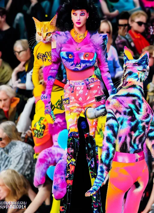 Image similar to hyperrealistic and heavy detailed balenciaga runway show of cats by lisa frank, leica sl 2 5 0 mm, vivid color, high quality, high textured, real life