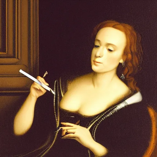 Image similar to a woman smoking a cigarette in a dark room, a portrait by nicholas hilliard, screenshot by martin scorsese, photorealistic painting by jerry weiss, aestheticism, goth, dark and mysterious, filmic, a photorealistic painting by jerry weiss, shutterstock tumblr contest winner, naturalism, behance hd, shutterstock contest winner