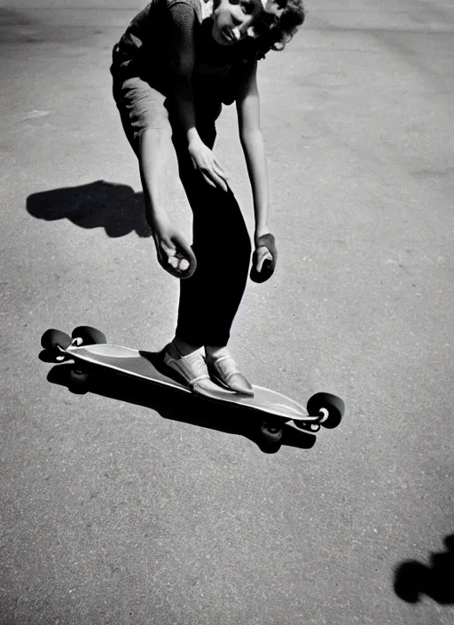 Prompt: 1 9 5 0 s beautiful woman on a skateboard by vivian maier. professional photography. hq