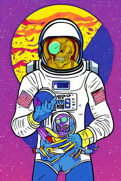 Prompt: astronaut skeletor, art by iktor miller - gausa, sticker, colorful, illustration, highly detailed, simple, smooth and clean vector curves, no jagged lines, vector art, smooth