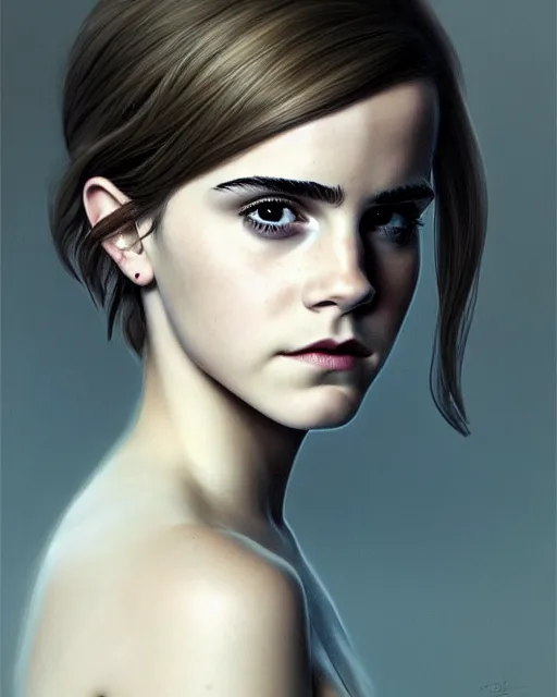 Prompt: sophisticated portrait of young Emma Watson starring in ghost in the shell, elegance, highly detailed, shallow depth of field, Artstation, Artgerm, Donato Giancola and Joseph Christian Leyendecker