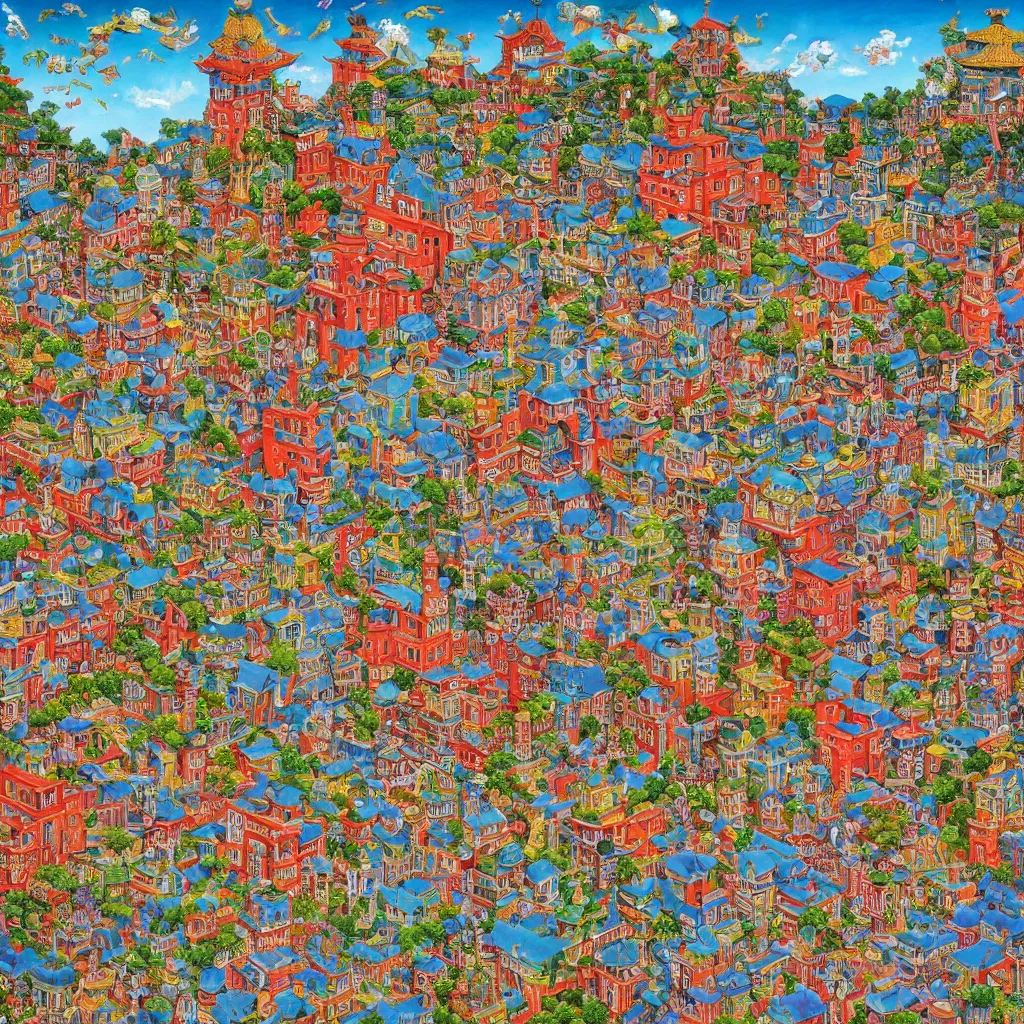 Image similar to an incredibly detailed masterpiece painting of a Where's Waldo puzzle of a chinese prison by bosch and lisa frank, ornate, beautiful, bold colors, detailed, high resolution, wow!, realistic, photorealism, intricate