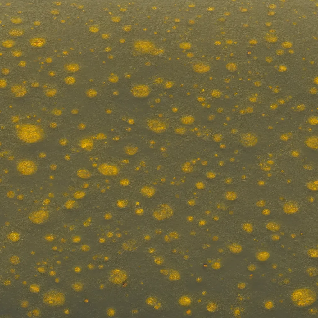 Image similar to organic ornaments from above floating on water, zdzislaw beksinski, wideshot, 8 k, yellow