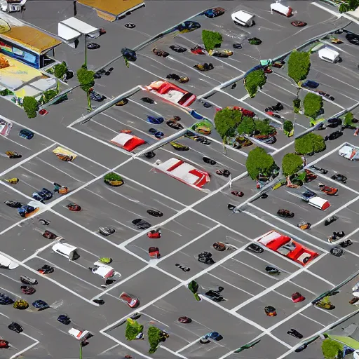 Prompt: top down map picture of a supermarket parking lot after a zombie attack, top down perspecrive