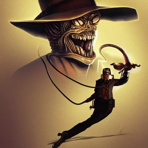 Prompt: h. r. giger alien as indiana jones with a whip and party hat in his head, illustration by irakli nadar