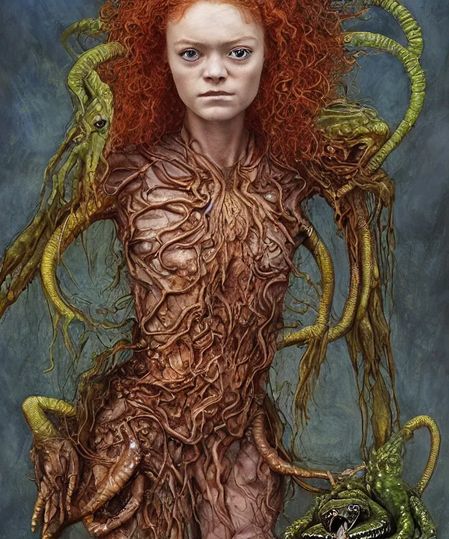 Prompt: portrait photograph of a fierce sadie sink as an alien harpy queen with slimy amphibian skin. she is trying on bulbous slimy organic membrane fetish fashion dress and transforming into a fiery succubus amphibian villian medusa. by donato giancola, walton ford, ernst haeckel, brian froud, hr giger. 8 k, cgsociety