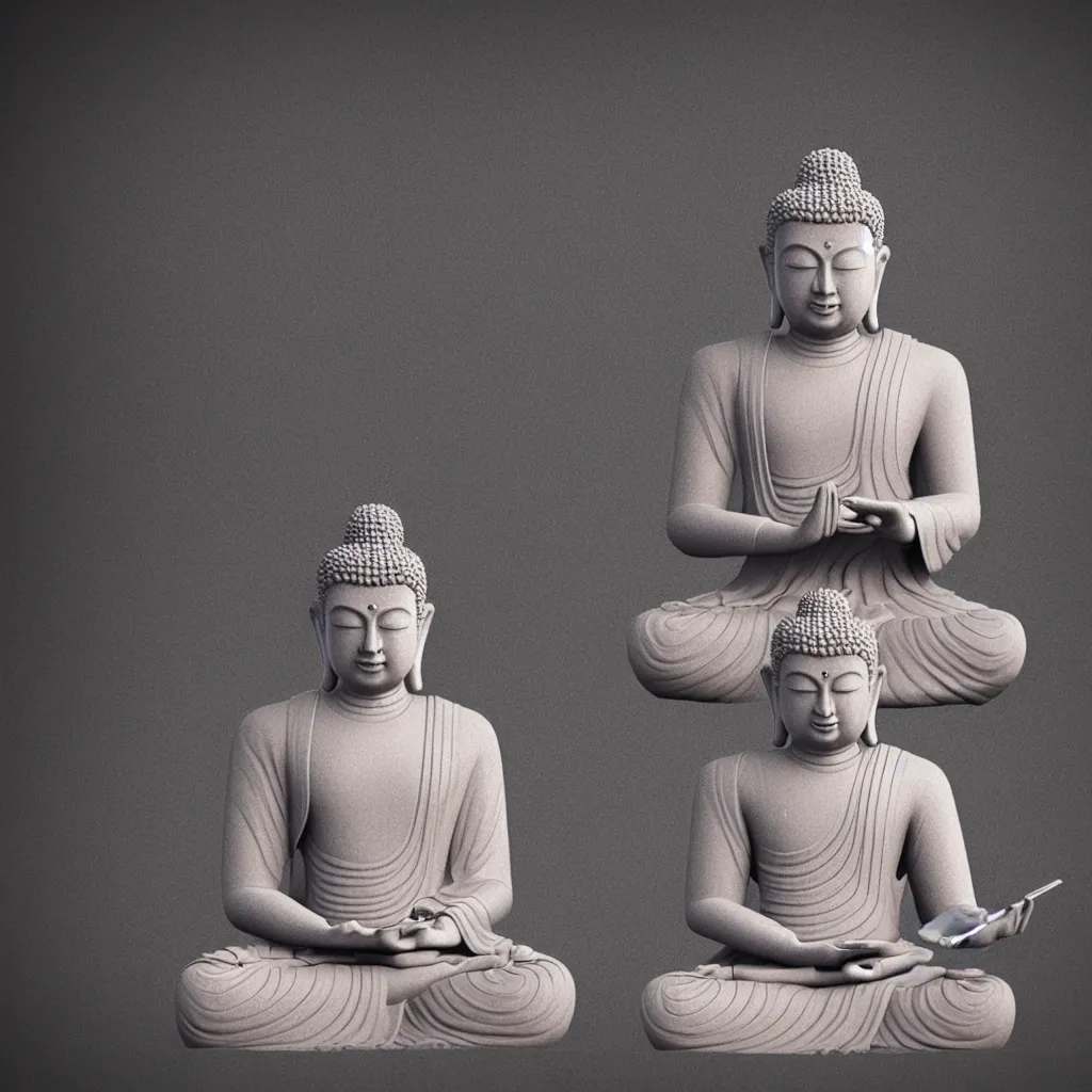 Image similar to 3 d render of a beautiful meditating buddha checking his smartphone, neo noir