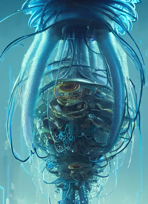 Image similar to Panorama hyper detailed painting of a cyberpunk jellyfish, blue tones, underwater, 8 mm, highly detailed, digital painting, artstation, concept art, smooth, sharp focus, illustration, art by artgerm and greg rutkowski and alphonse mucha