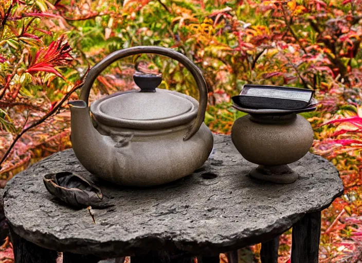 Prompt: garden, geisha, old traditional japanese tea pot, two smoky cup of tea on a wood table, old concrete statue, smoky autumn lightings, japanese garden background, micro details, ( ( ( intricate ) gold details ) ), photorealism, crisp, hasselblad camera, by annie leibovitz