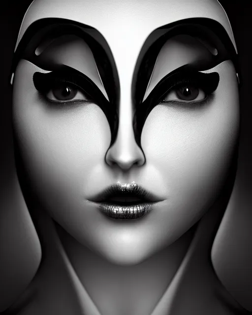 Image similar to surreal mythical dreamy dark artistic black and white fine art 3 / 4 fashion portrait photo of a young beautiful delicate female robot with orchid - owl face, rim light, cinematic, studio dramatic light, poetic, masterpiece, octane render, 8 k, photo - realistic by hg giger and man ray