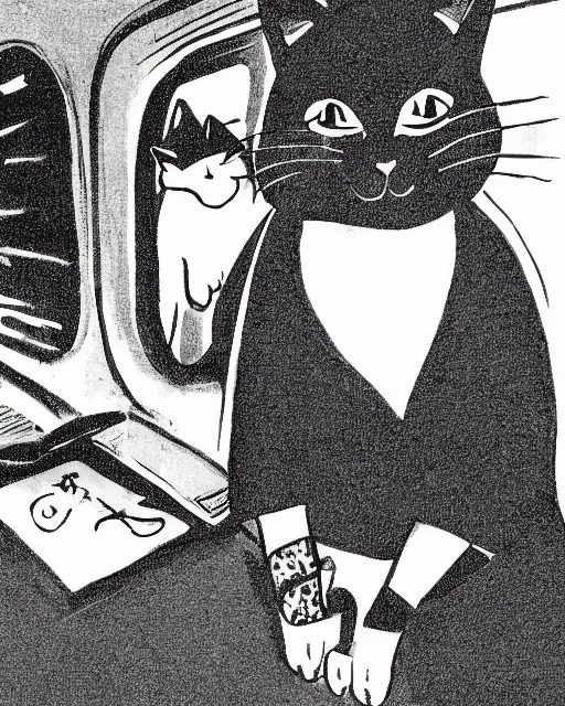 Prompt: a cat seated on the subway, cross-legged. White background. New Yorker cartoon. B&W. Black and white.