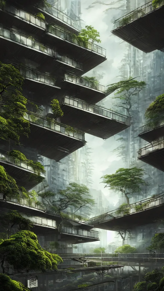 Prompt: photo in style of hiroshige and piranesi. biopunk wood futuristic building in a urban setting. hyper realistic. cloudy morning. mossy buildings with deep tall balconies, plants, trees. warm ombre earth tones. thin random columns. large windows with people. deep overhangs. 8 k, volumetric lighting.