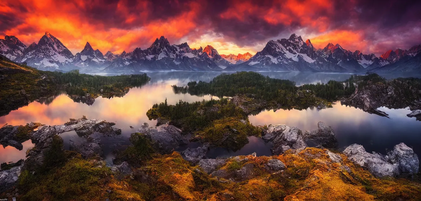 Image similar to amazing landscape photo of mountains with lake in sunset by marc adamus, beautiful dramatic lighting