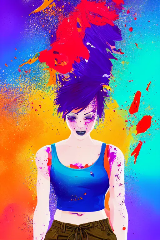 Prompt: a award winning half body portrait of a beautiful woman in a croptop and cargo pants with ombre orange blue teal hairstyle with head in motion and hair flying, paint splashes, splatter, outrun, vaporware, shaded flat illustration, digital art, trending on artstation, highly detailed, fine detail, intricate