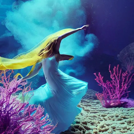 Image similar to woman dancing underwater wearing a flowing dress made of blue, magenta, and yellow seaweed, delicate coral sea bottom, swirling silver fish, swirling smoke shapes, octane render, caustics lighting from above, cinematic, hyperdetailed