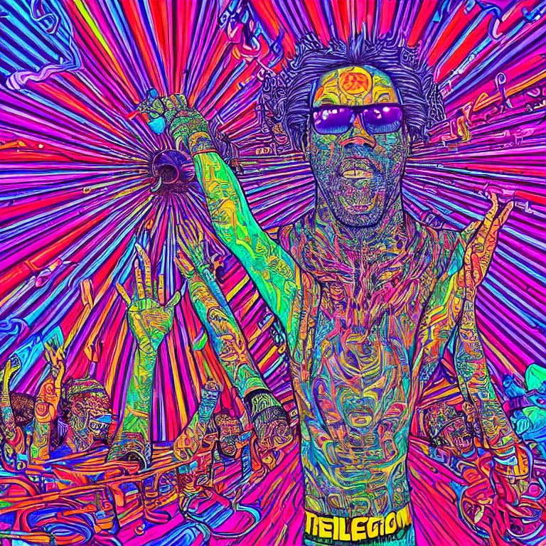 Image similar to rapping on stage at festival, holding microphone, giant crowd, epic pose, happy, psychedelic, hip hop, surreal, neon, vaporwave, detailed, illustrated by Alex Grey, 4k