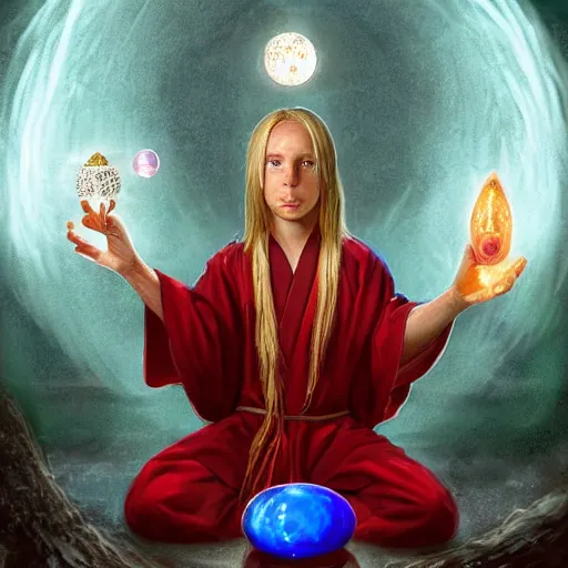 Image similar to Portrait of a 12 year old white boy with blond medium length hair, sitting cross-legged, wearing red sorcerer's robes, holding a crystal ball in his hands and gazing into it, inside of a cabin, Dungeon's & Dragons, digital illustration, deviantart, matte fantasy painting, by Jason Felix by Steve Argyle by Tyler Jacobson by Peter Mohrbacher