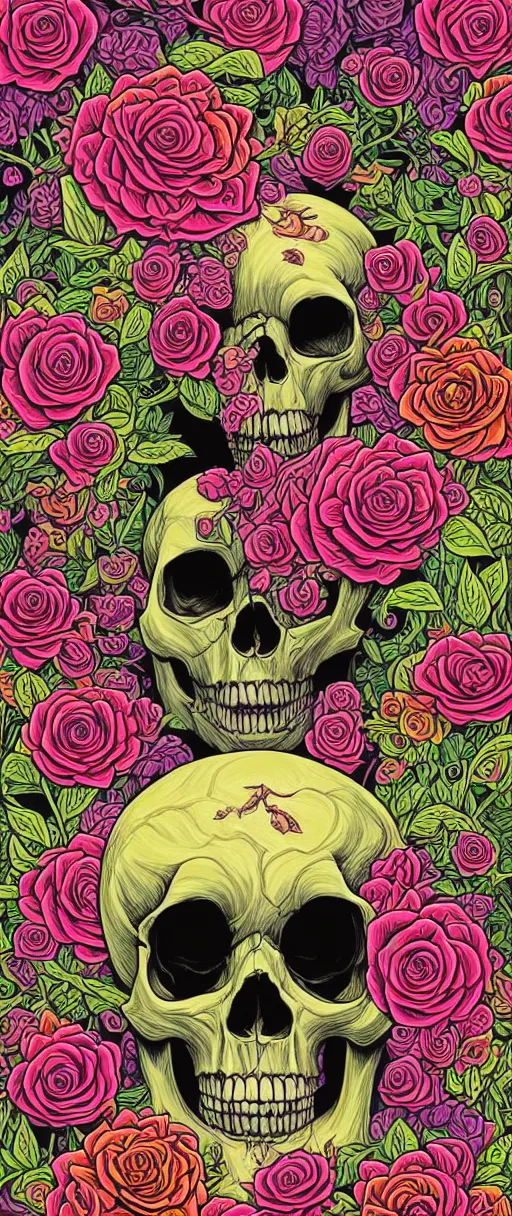 Image similar to ortographic view of a large skull and psychedelic roses with a forest background by Jen Bartel and Dan Mumford and Satoshi Kon, gouache illustration