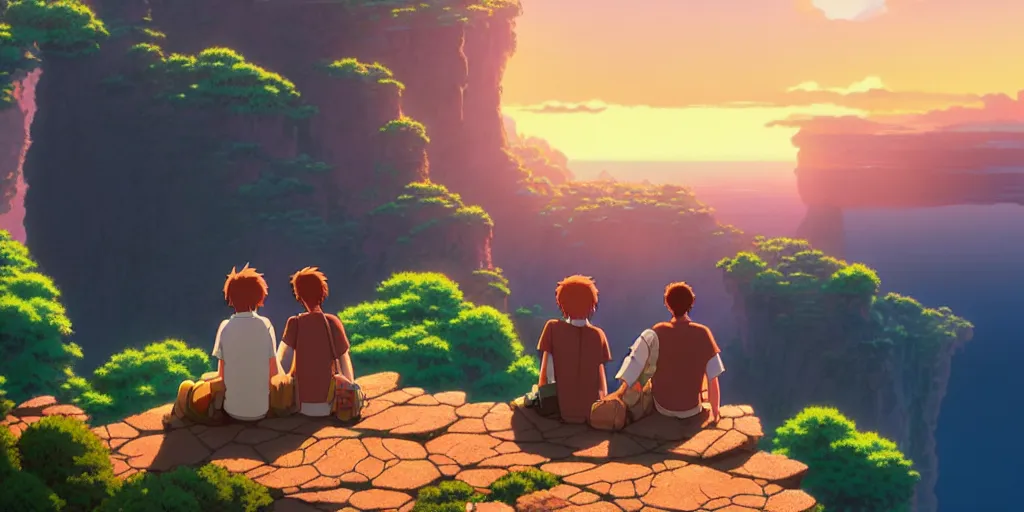 Image similar to a couple sitting over the precipice, looking at sunset, studio ghibli, pixar and disney animation, sharp, rendered in unreal engine 5, anime key art by greg rutkowski, bloom, dramatic lighting