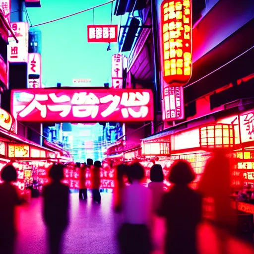 Prompt: japanese market in cyberpunk style with droids, bright neon signs, sunny weather, rendered in octane 4 k, dramatic moody lighting
