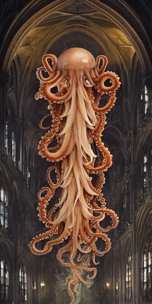 Image similar to group of mankind species mages with enormous translucent octopus heads floating around inside an ancient mage castle hall colossal scale, gothic and baroque, brutalist architecture, ultradetailed, intricate details by Ellen Jewett and Josan Gonzalez and Giuseppe Arcimboldo