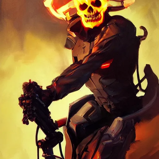 Image similar to greg manchess portrait painting of ghost rider as overwatch character, medium shot, asymmetrical, profile picture, organic painting, sunny day, matte painting, bold shapes, hard edges, street art, trending on artstation, by huang guangjian and gil elvgren and sachin teng