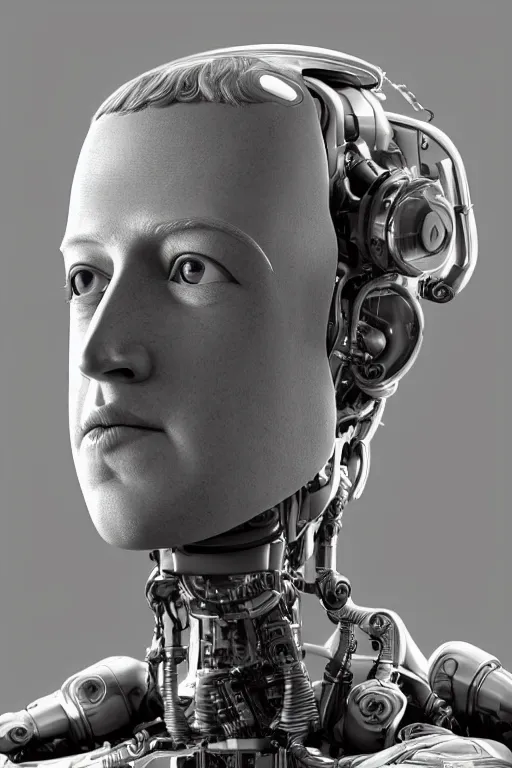 Image similar to mark zuckerberg as a robot, photorealistic, cinematic lighting, highly detailed, very intricate, by hr geiger