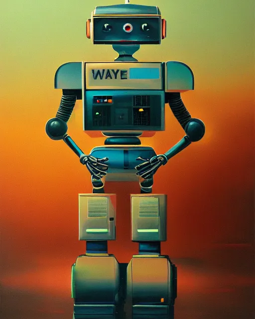 Image similar to a robot made of 8 0 s era technology, vintage shapes, retro technology, vintage color, wayne barlow, oil on canvas, deep depth of field, masterpiece, cinematic composition, hyperdetailed