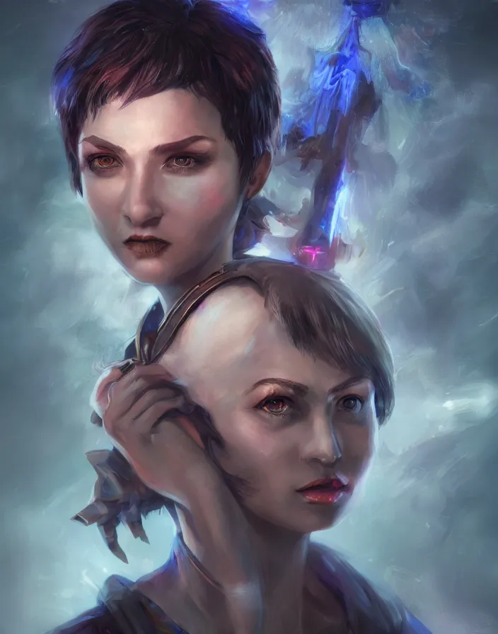 Prompt: An epic fantastic realism comic book style portrait painting of a pretty young sorcerous woman, short pixie haircut, glowing eyes, D&D Concept Art, unreal 5, DAZ, hyperrealistic, octane render, cosplay, RPG portrait, dynamic lighting