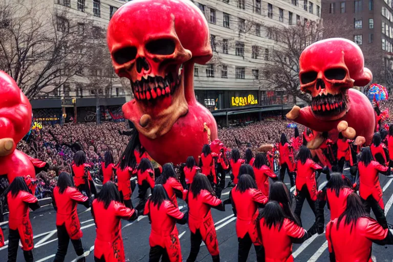 Image similar to photo of giant horrific death metal elaborate parade with float characters designed by ( ( ( ( ( ( ( ( death metal bands ) ) ) ) ) ) ) ) and heavy metal!!!!!!!!!!!!!!, in the macys parade, detailed 4 k photo,