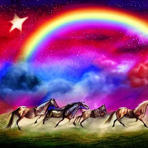 Image similar to horses over a bright colorful rainbow under a dark starred night, dark fantasy, digital art, watercolour, high detail, colorful, dreaming illusion