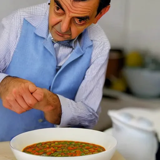 Image similar to mr bean preparing a small bowl of bean soup