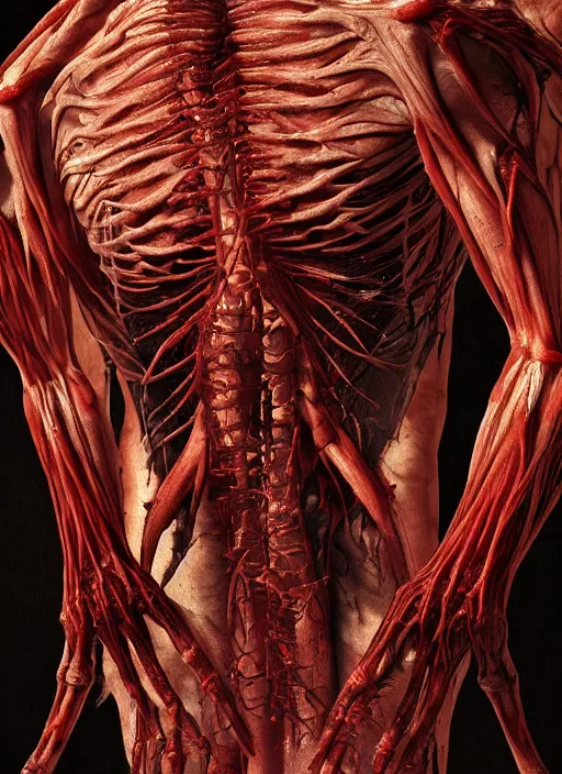 Prompt: demonic creature with translucent skin, visible muscles and veins and arteries and bones and spines and nerves, beautiful detailed intricate insanely detailed octane render, 8k artistic photography, photorealistic, chiaroscuro, by David Cronenberg, Raphael, Caravaggio