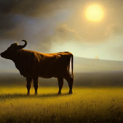 Prompt: a detailed matte landscape painting of a cow made of stars standing in a grassy field wearing a witch hat, cow wearing hat!!! viewed in profile and far away, fog in the background, ultrawide lens, aerial photography, black and blue color scheme with gold highlights, art by greg rutkowski and and rembrandt and alphonse mucha, artstation, 8 k