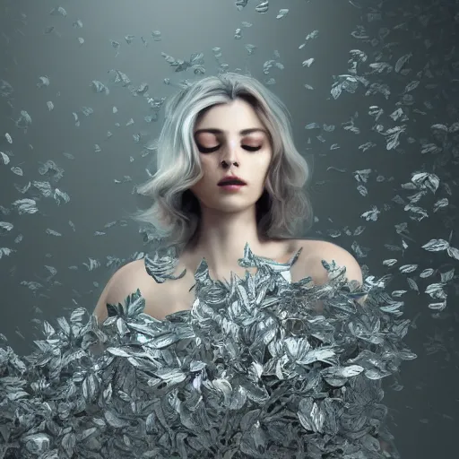 Image similar to a highly detailed digital image of an elegant woman surrounded and engulfed in silver leaves, matte background, artstation, detailed woman, stunning volumetric lighting, elegant, fantasy, 4k,